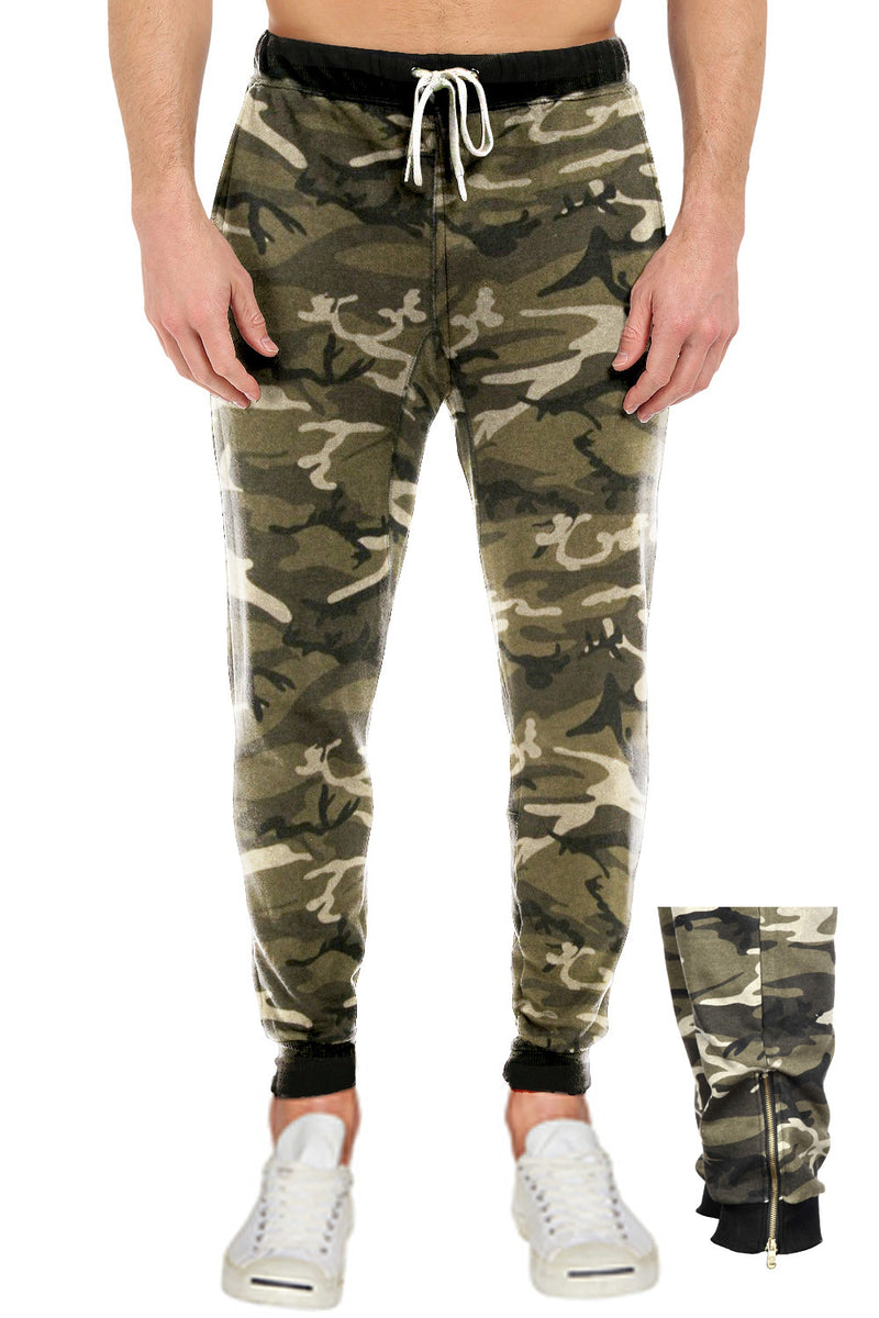 French Terry Wood Camo Fleece Pants with Zipper: Easy wear Pro 5 fleece bottoms for comfort & warmth. Elastic waist/ankle, leg zipper for shoe-friendly wear. Available Sizes S-XL, colors: Black, Grey, Camo. 60% Cotton 40% Poly.