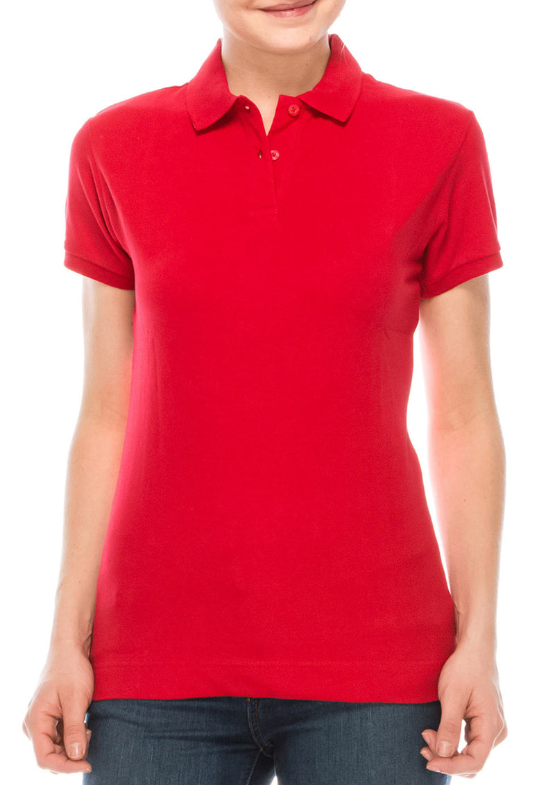 Girls Junior Red Polo Classic: Stylish collared design. Sizes S-XL. Colors: White, Black, Navy, and many more. Fabric: 95% Cotton/5% Spandex. Style: SSPO93J."