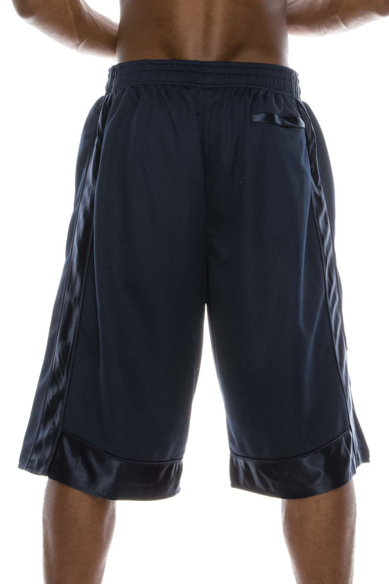 Back view of Heavy Mesh Navy Shorts: Ultimate comfort for sports or leisure. Pro 5 100% polyester, drawstring, side & back pockets. Slightly longer length. Sizes S-5X, colors: White, Black, Grey, Navy, Red, Green, Royal.