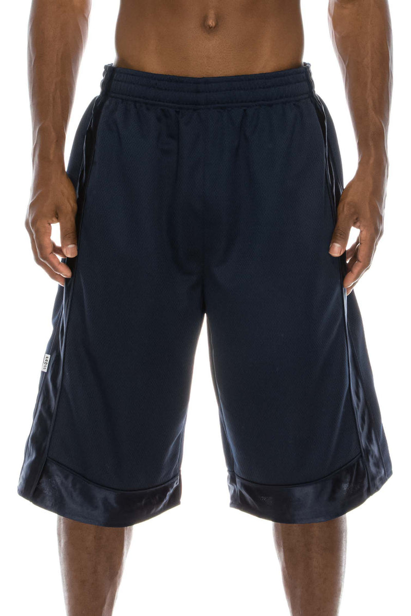 Front view of Heavy Mesh Navy Shorts: Ultimate comfort for sports or leisure. Pro 5 100% polyester, drawstring, side & back pockets. Slightly longer length. Sizes S-5X, colors: White, Black, Grey, Navy, Red, Green, Royal.