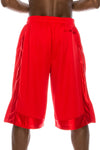 Back View of Heavy Mesh Red Shorts: Ultimate comfort for sports or leisure. Pro 5 100% polyester, drawstring, side & back pockets. Slightly longer length. Sizes S-5X, colors: White, Black, Grey, Navy, Red, Green, Royal.