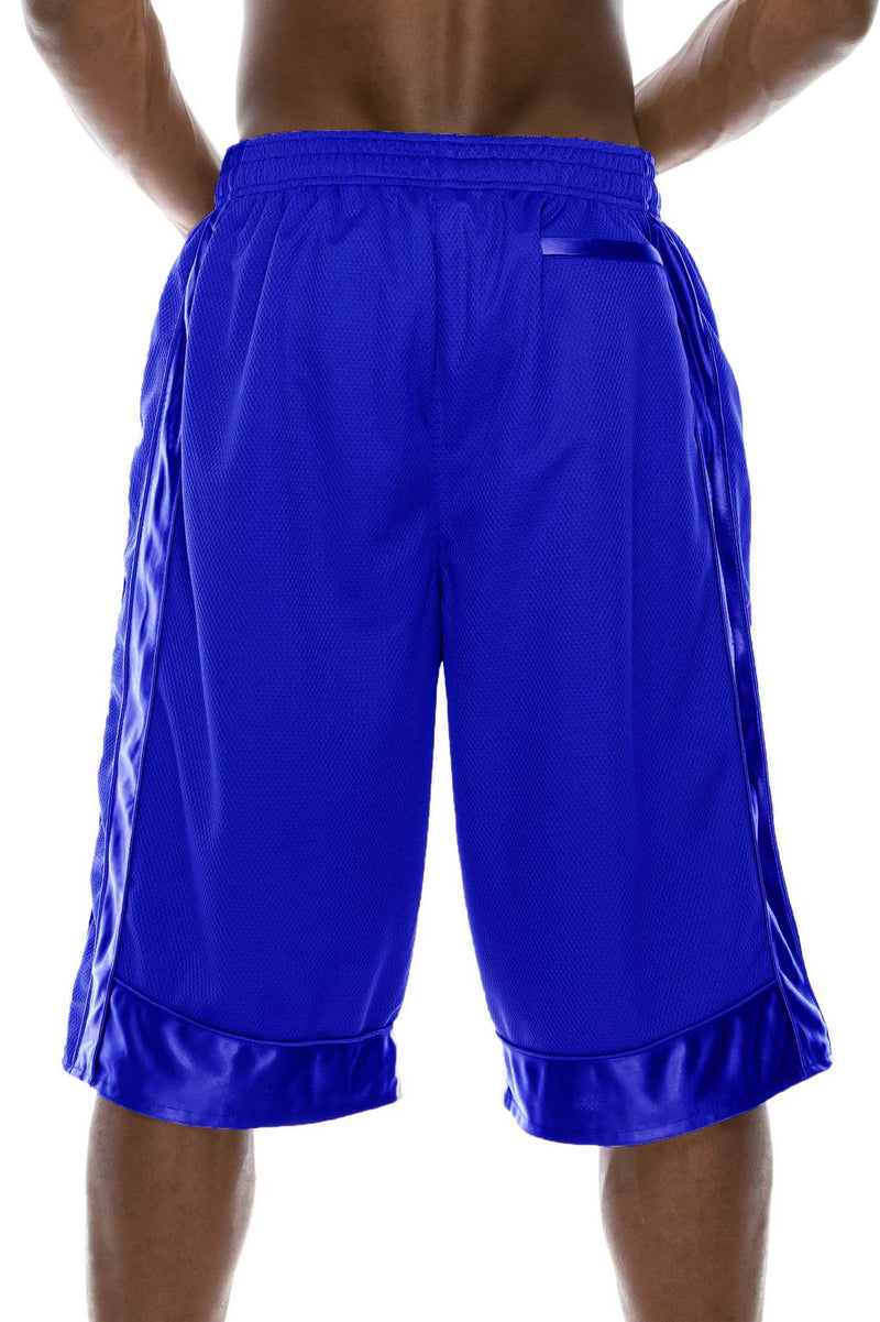 Back View of Heavy Mesh Royal Blue Shorts: Ultimate comfort for sports or leisure. Pro 5 100% polyester, drawstring, side & back pockets. Slightly longer length. Sizes S-5X, colors: White, Black, Grey, Navy, Red, Green, Royal.