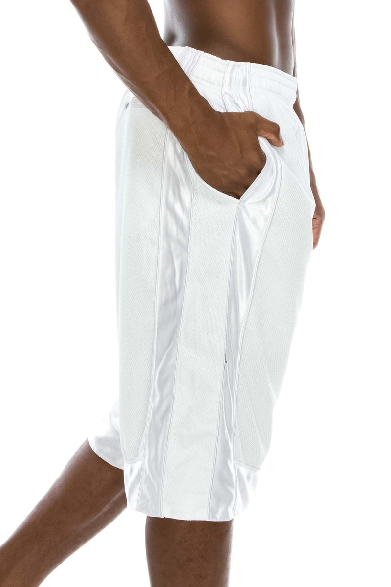 Side View of Heavy Mesh White Shorts: Ultimate comfort for sports or leisure. Pro 5 100% polyester, drawstring, side & back pockets. Slightly longer length. Sizes S-5X, colors: White, Black, Grey, Navy, Red, Green, Royal.