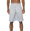 Front view of Ventilated Mesh Heather Grey Shorts: Ideal for gym, games, or leisure. Pro 5 double-lined design suits all. 100% Poly mesh, elastic waist, deep pockets. Sizes 2XL-5XL, Colors: White, Black, Grey, Navy, Red, Green, Royal, Burgundy.
