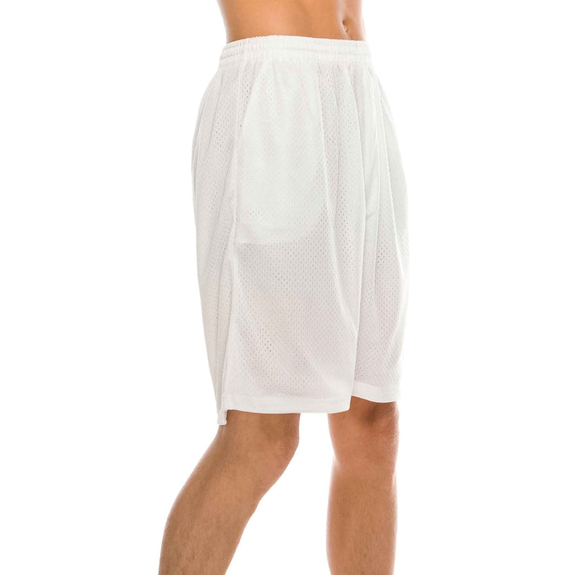 Side view of Ventilated Mesh White Shorts: Ideal for gym, games, or leisure. Pro 5 double-lined design suits all. 100% Poly mesh, elastic waist, deep pockets. Sizes S-XL, Colors: White, Black, Grey, Navy, Red, Green, Royal, Burgundy.