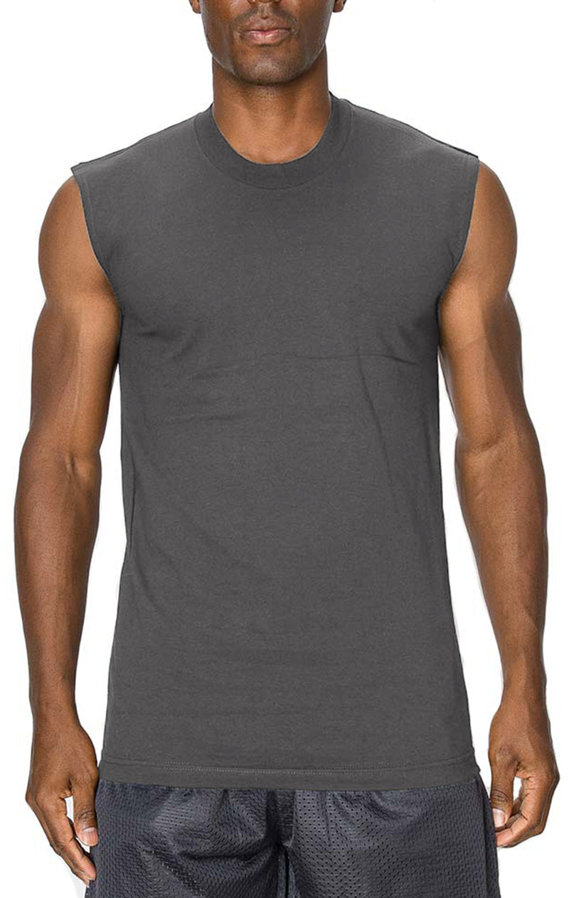 Front view of Muscle Dark grey Tees Round Neck : Lighter fabric than Super Heavy Tees. Cool, comfy fit in fade-resistant colors. 100% premium US cotton. Available Sizes S-7X, Colors: White, Black, Grey, Navy.