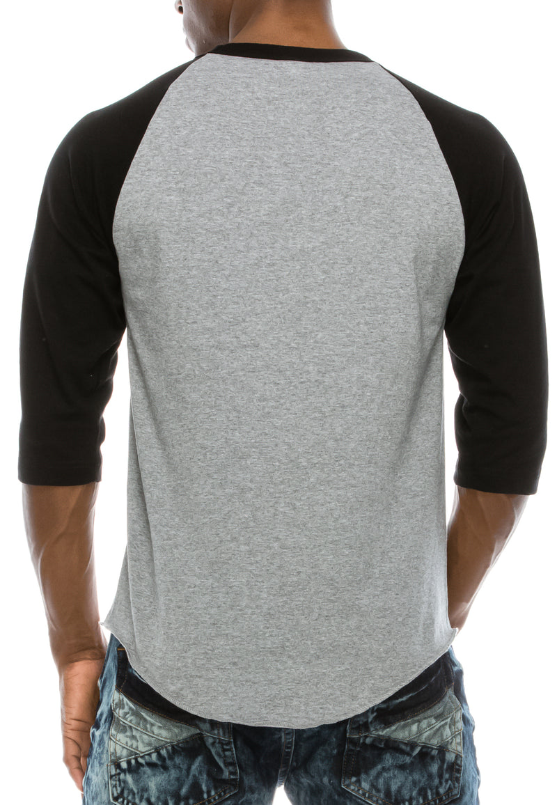 Back view of Sporty Black and Heather grey Raglan T-shirt: Comfy fit, versatile sizes/colors. All: 100% Cotton. Grey: 80% Cotton 20% Poly
