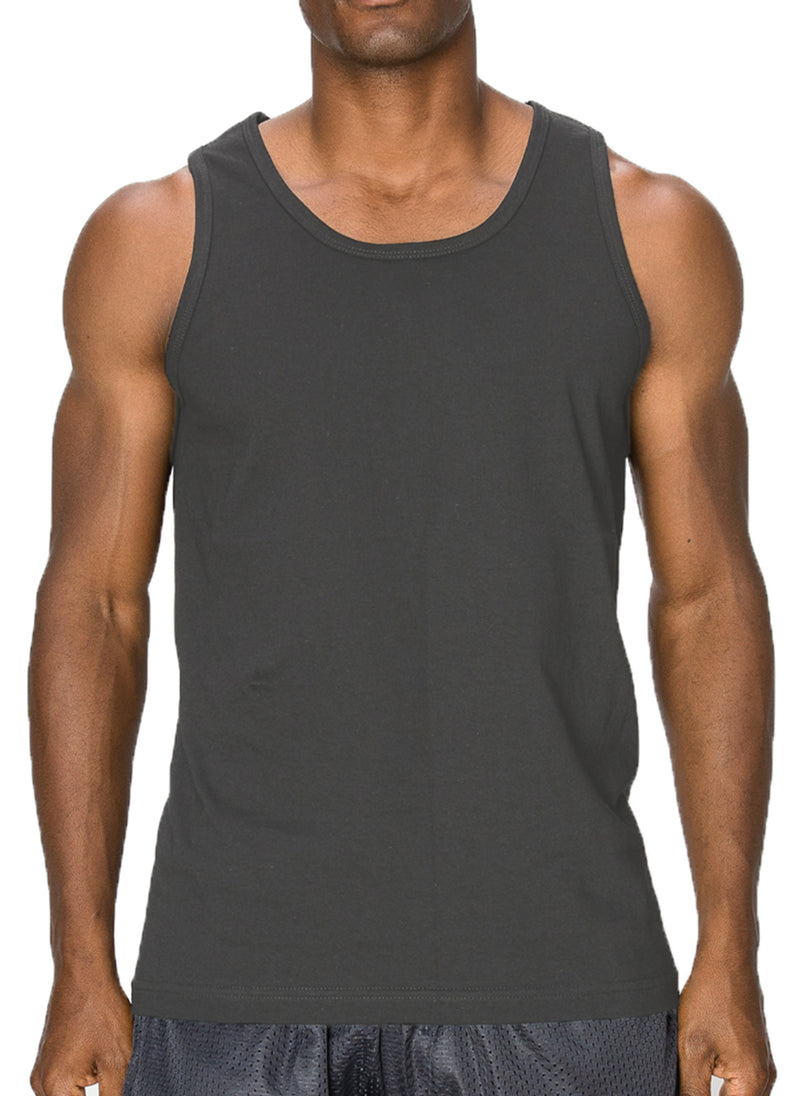Versatile Dark Grey Tank Top: Wear alone or layer up. Sizes S-3X. Colors: White, Black, Heather Grey, Red, Royal, Navy, D Grey, Wood Camo, Desert Camo. Fabric: All-100% Cotton, H Grey-80% Cotton 20% Poly.