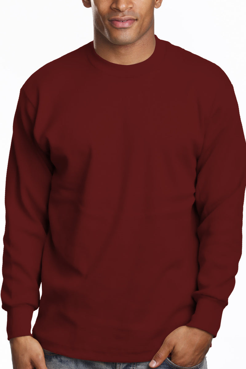 Heavy Long Sleeve Burgundy Tee: Iconic long sleeve, snug round neck, 6.7oz. Lycra reinforced collar. Bright fade-resistant colors. U.S. cotton. Available Sizes: L Tall-5X tall, Colors: White, Black, Grey, more. Fabric: Solid-100% Cotton, Grey Shades-80% Cotton 20% Poly. Weight: 6.7 oz