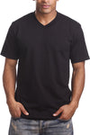 Men's Black V-Neck Tee with taped neck/shoulder seams. Sizes S-XL. Assorted colors. Material: Solid-100% Cotton, Charcoal/H Grey-80% Cotton Poly
