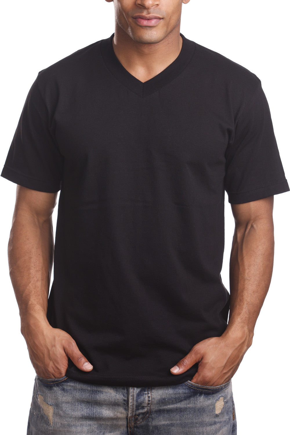 Men's Black V-Neck Tee with taped neck/shoulder seams. Sizes 2XL-5XL. Assorted colors. Material: Solid-100% Cotton, Charcoal/H Grey-80% Cotton Poly