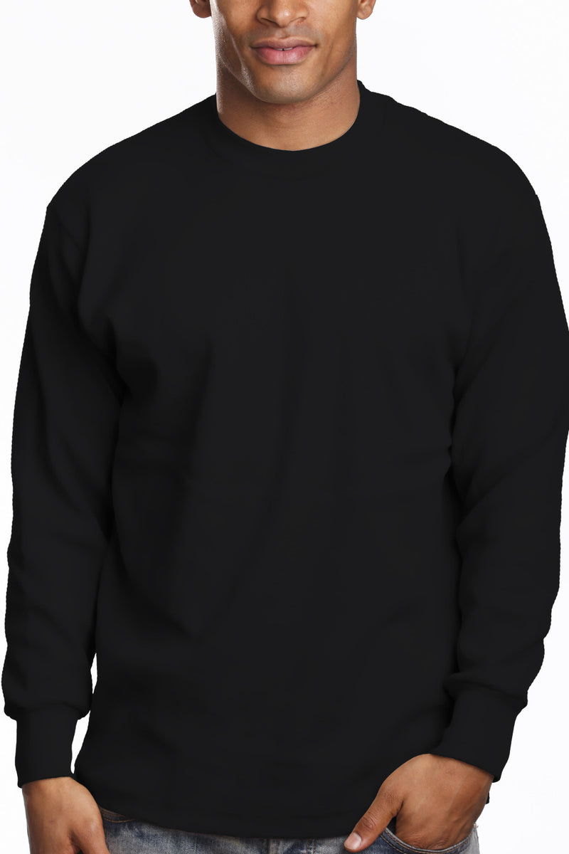 Heavy Long Sleeve Black Tee: Iconic long sleeve, snug round neck, 6.7oz. Lycra reinforced collar. Bright fade-resistant colors. U.S. cotton. Available Sizes: L Tall-5X tall, Colors: White, Black, Grey, more. Fabric: Solid-100% Cotton, Grey Shades-80% Cotton 20% Poly. Weight: 6.7 oz