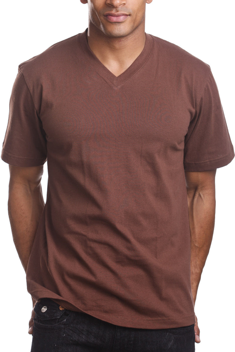 Men's Brown V-Neck Tee with taped neck/shoulder seams. Sizes 2XL-5XL. Assorted colors. Material: Solid-100% Cotton, Charcoal/H Grey-80% Cotton Poly