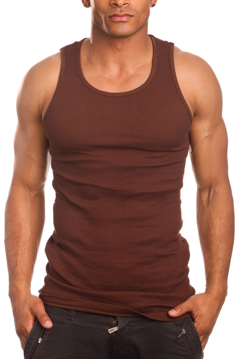 Set of three brown sleeveless undershirts, commonly known as A-shirts or tank tops.