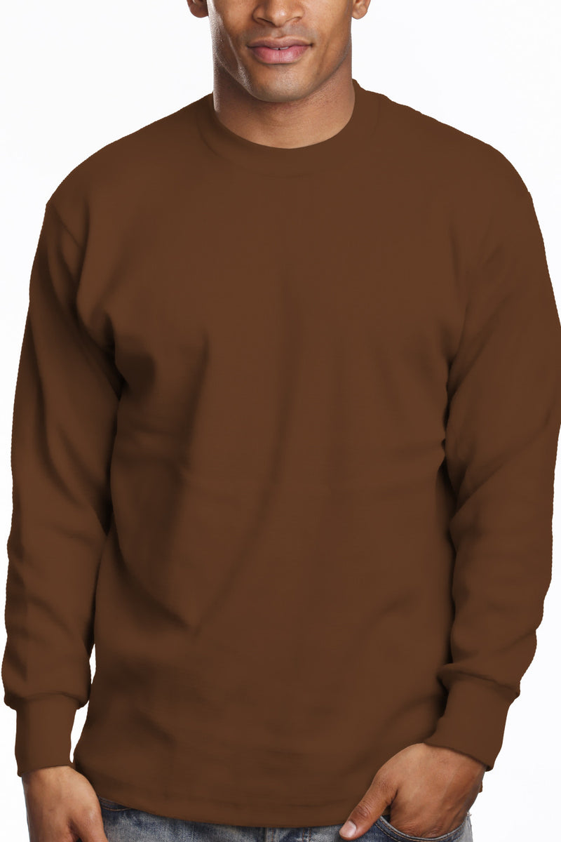 Heavy Long Sleeve Brown Tee: Iconic long sleeve, snug round neck, 6.7oz. Lycra reinforced collar. Bright fade-resistant colors. U.S. cotton. Available Sizes: L Tall-5X tall, Colors: White, Black, Grey, more. Fabric: Solid-100% Cotton, Grey Shades-80% Cotton 20% Poly. Weight: 6.7 oz