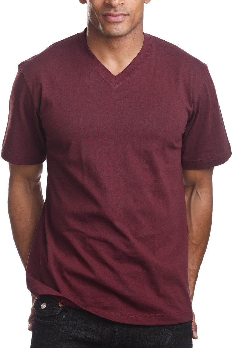 Men's Burgundy V-Neck Tee with taped neck/shoulder seams. Sizes 2XL-5XL. Assorted colors. Material: Solid-100% Cotton, Charcoal/H Grey-80% Cotton Poly