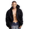 Fleece Black Zip down hoodie: Versatile & cozy. Double-lined hood. Loose fit tip: Opt one size down for snugness. Sizes: S-XL. Colors: Black, Heather Grey, Dark Grey, Navy