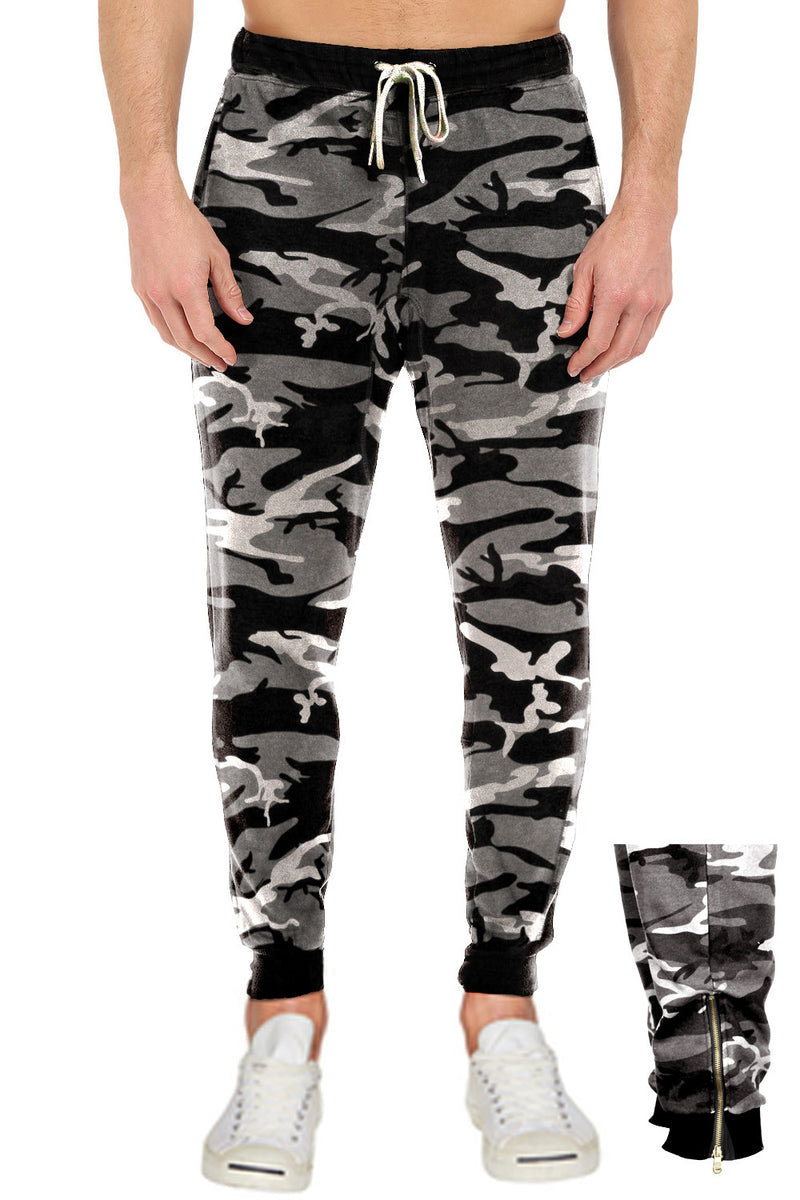 French Terry City Camo Fleece Pants with Zipper: Easy wear Pro 5 fleece bottoms for comfort & warmth. Elastic waist/ankle, leg zipper for shoe-friendly wear. Available Sizes 2XL-5XL, colors: Black, Grey, Camo. 60% Cotton 40% Poly.