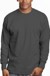 Super Heavy Charcoal Grey LS Tee: Classic long sleeve with a snug round neck, 6.7oz. Collar reinforced with Lycra for stretch. Vibrant colors stay bright. Made with U.S. cotton. Sizes: 2XL-7XL. Colors: White, Black, Grey, and more. Fabric: Solid-100% Cotton, Grey Shades-80% Cotton 20% Poly. Weight: 6.7 oz.