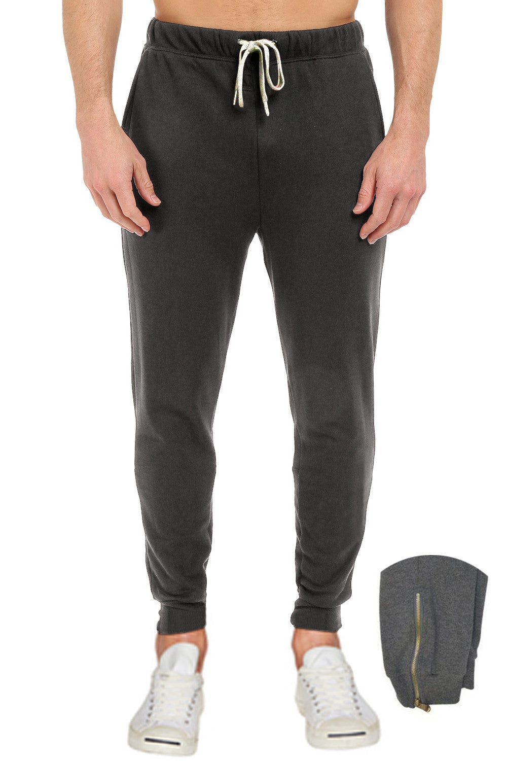 French Terry Charcoal Grey Pants with Zipper: Easy wear Pro 5 fleece bottoms for comfort & warmth. Elastic waist/ankle, leg zipper for shoe-friendly wear. Available Sizes S-XL, colors: Black, Grey, Camo. 60% Cotton 40% Poly.