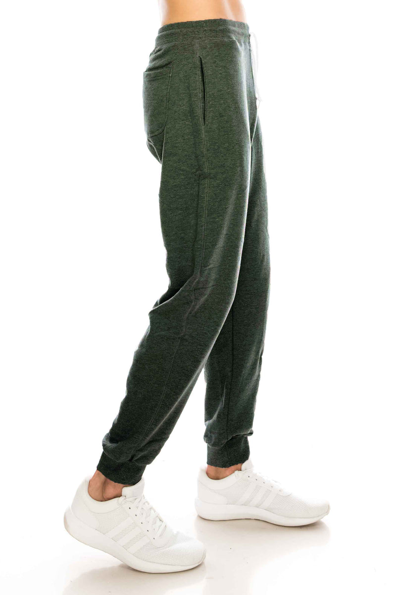 Side View French Terry Charcoal Grey Fleece Pants: Cozy fleece bottoms for easy, warm, and functional wear. 60/40 Cotton/Poly blend, elastic waist/ankle, side pockets. Sizes XS-XL, colors: Black, Heather Grey, Charcoal, Wood Camo, City Camo. 