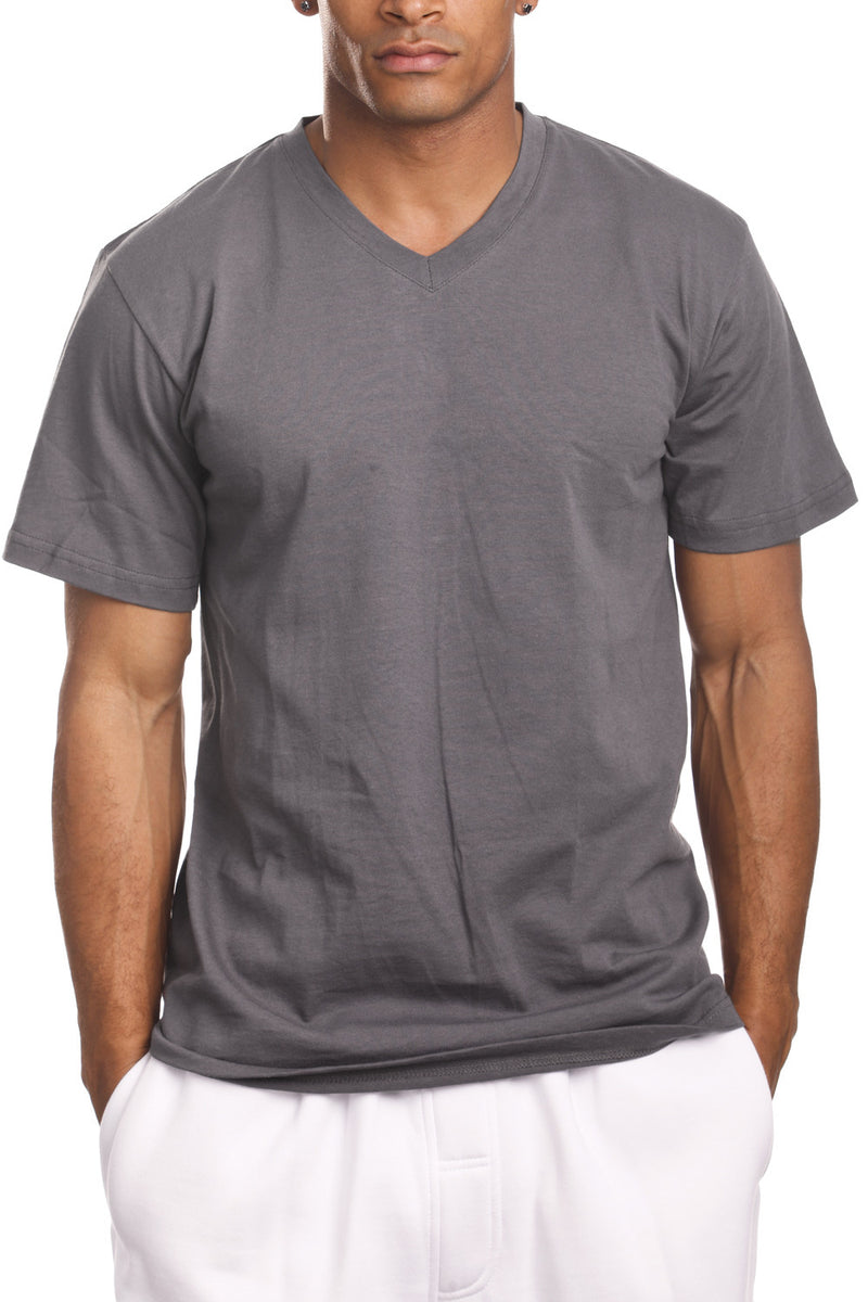 Men's Charcoal Grey V-Neck Tee with taped neck/shoulder seams. Sizes 2XL-5XL. Assorted colors. Material: Solid-100% Cotton, Charcoal/H Grey-80% Cotton Poly
