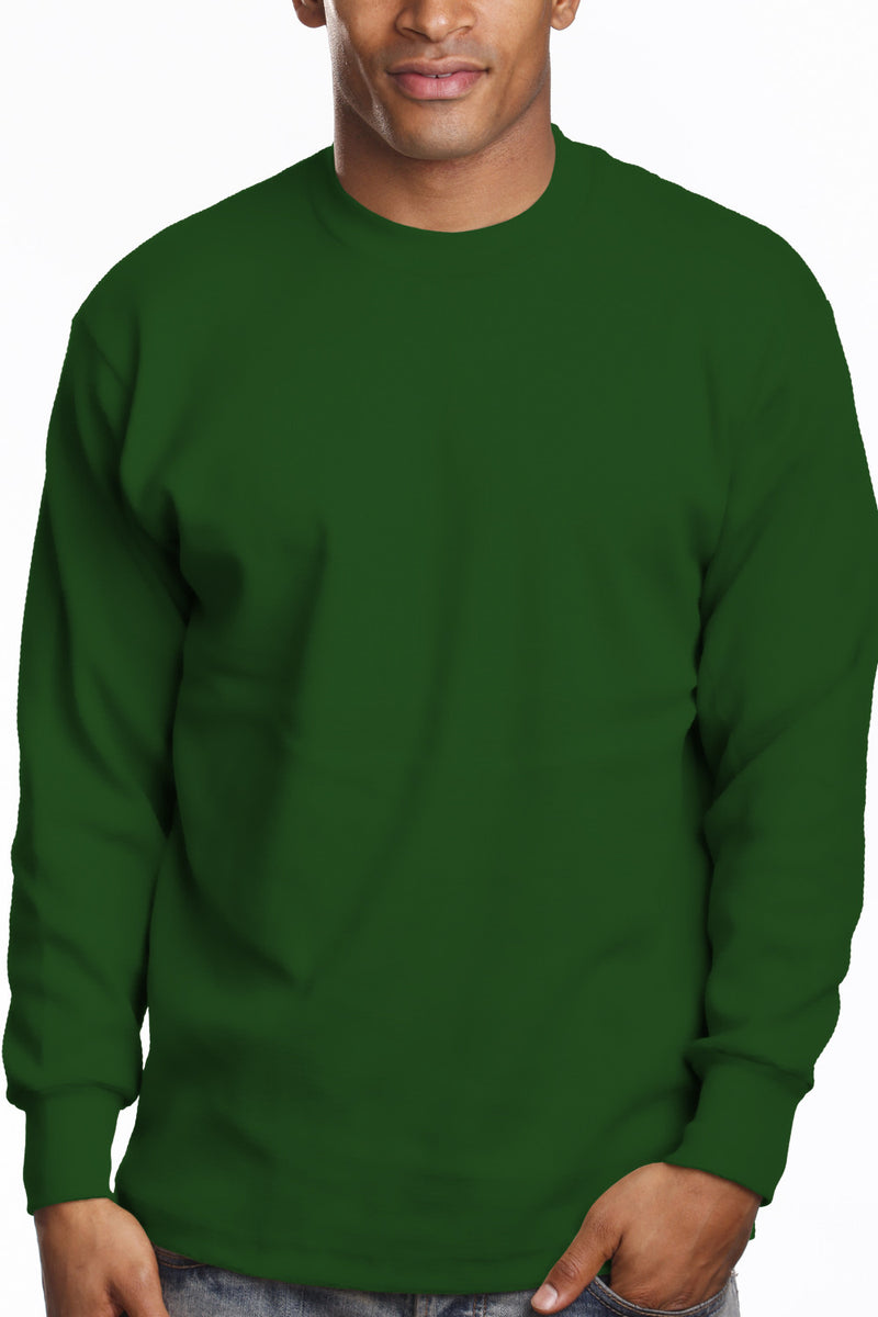 Heavy Long Sleeve Dark green Tee: Iconic long sleeve, snug round neck, 6.7oz. Lycra reinforced collar. Bright fade-resistant colors. U.S. cotton. Available Sizes: L Tall-5X tall, Colors: White, Black, Grey, more. Fabric: Solid-100% Cotton, Grey Shades-80% Cotton 20% Poly. Weight: 6.7 oz