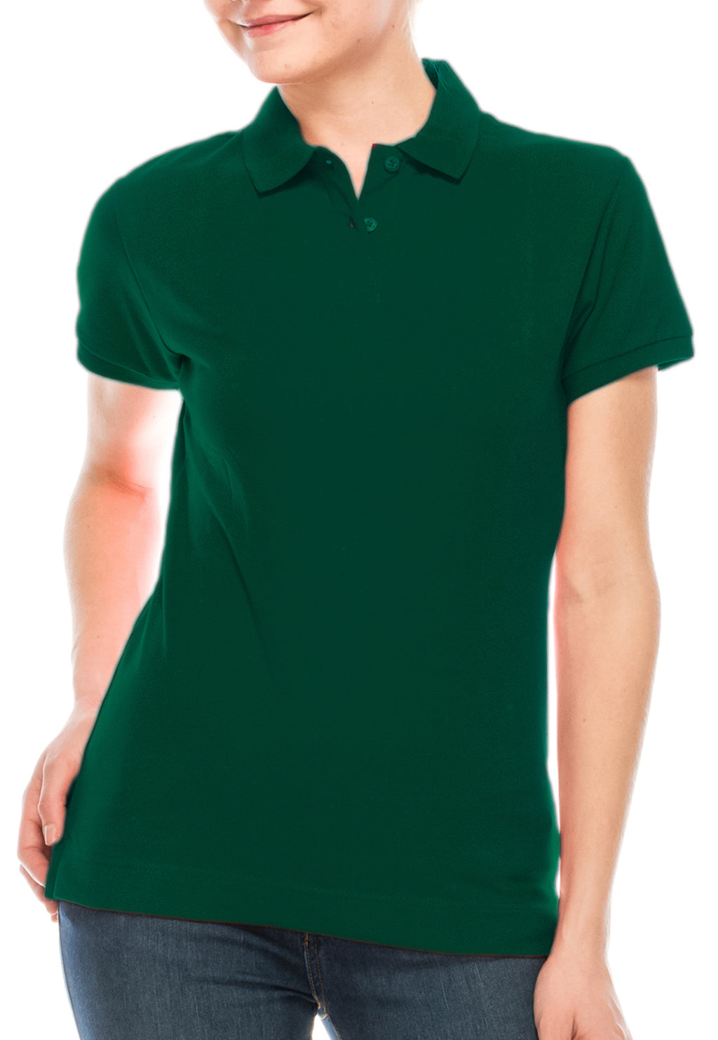 Girls Junior Dark green Polo Classic: Stylish collared design. Sizes S-XL. Colors: White, Black, Navy, and many more. Fabric: 95% Cotton/5% Spandex. Style: SSPO93J."