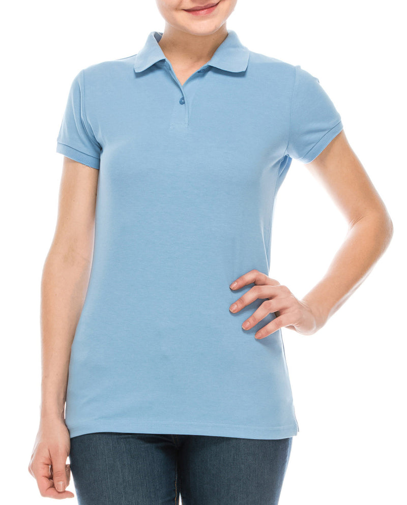 Girls Junior sky Blue Polo Classic: Stylish collared design. Sizes S-XL. Colors: White, Black, Navy, and many more. Fabric: 95% Cotton/5% Spandex. Style: SSPO93J."