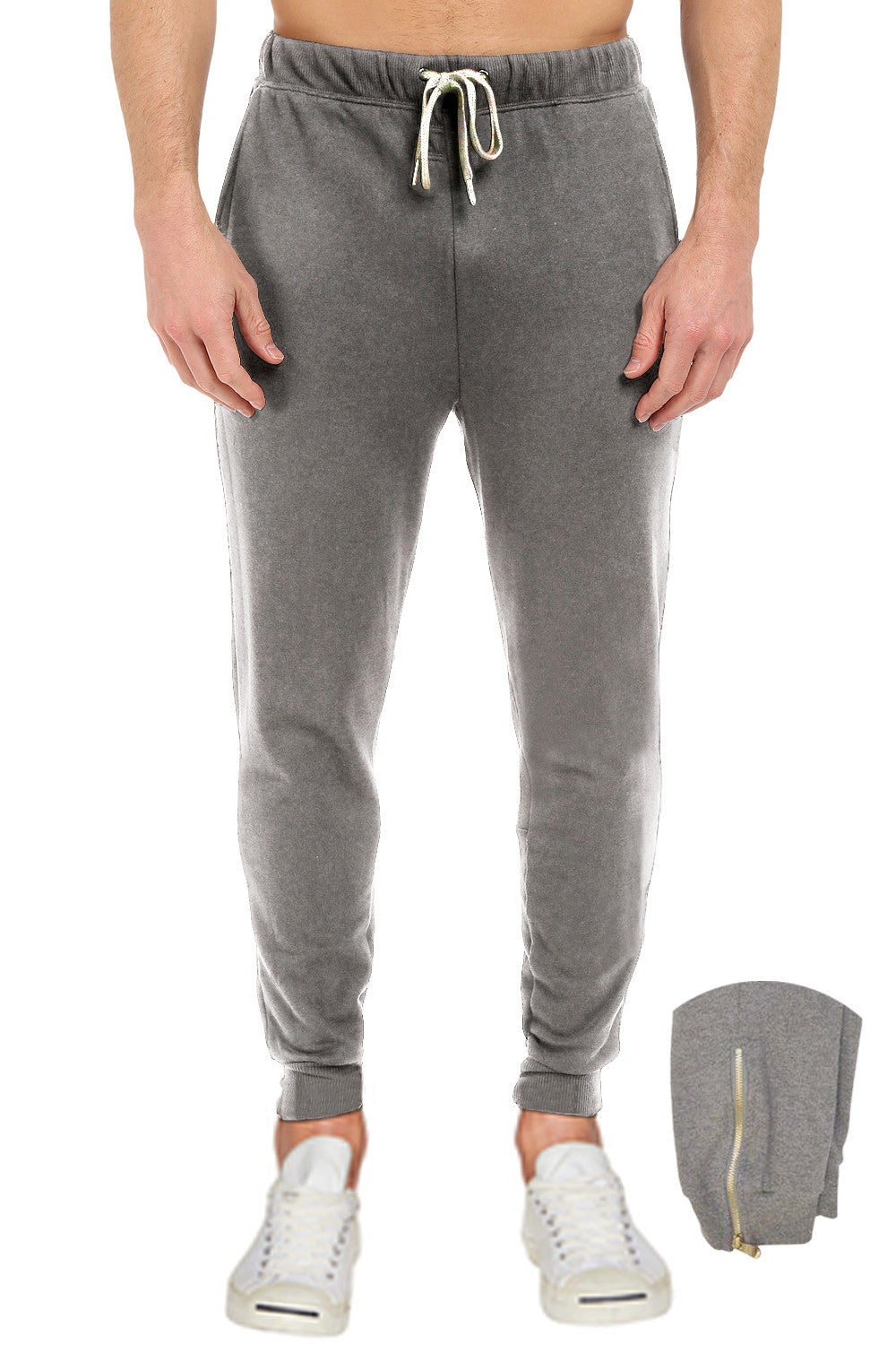 French Terry Heather Grey Pants with Zipper: Easy wear Pro 5 fleece bottoms for comfort & warmth. Elastic waist/ankle, leg zipper for shoe-friendly wear. Available Sizes S-XL, colors: Black, Grey, Camo. 60% Cotton 40% Poly.