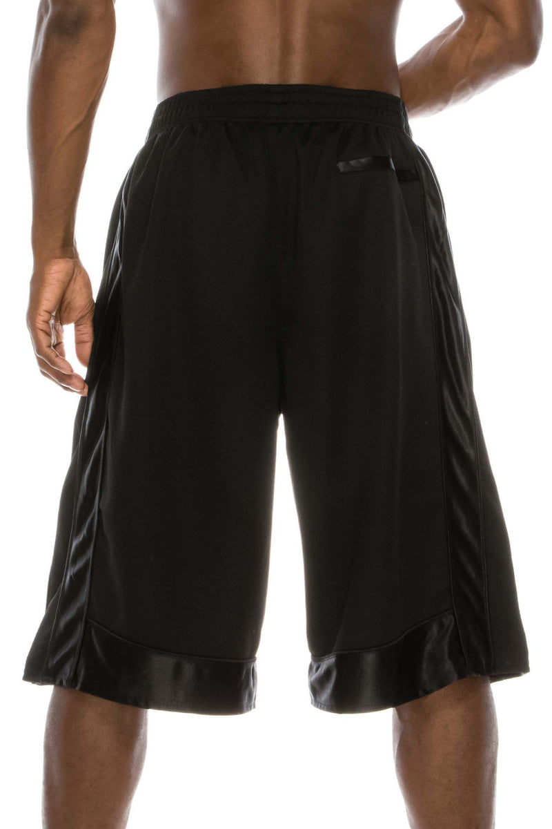 Back View of Heavy Mesh Black Shorts: Ultimate comfort for sports or leisure. Pro 5 100% polyester, drawstring, side & back pockets. Slightly longer length. Sizes S-5X, colors: White, Black, Grey, Navy, Red, Green, Royal.