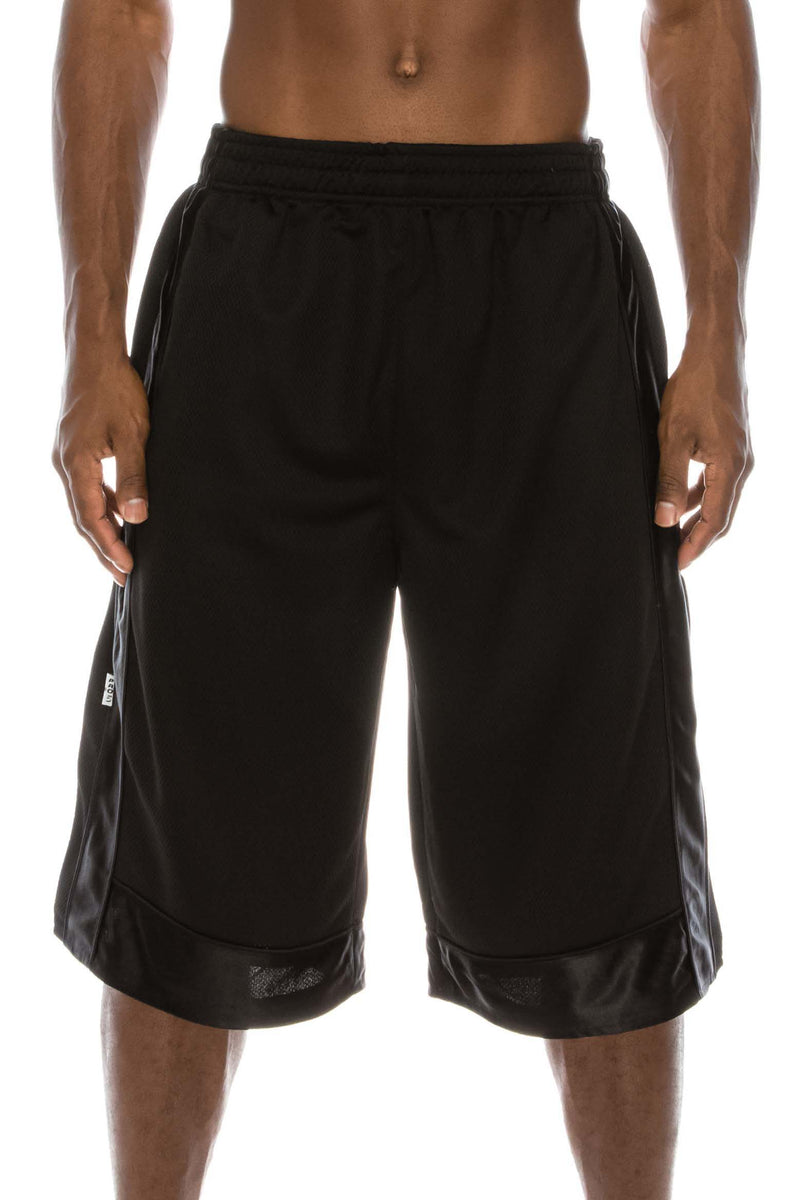 Front View of Heavy Mesh Black Shorts: Ultimate comfort for sports or leisure. Pro 5 100% polyester, drawstring, side & back pockets. Slightly longer length. Sizes S-5X, colors: White, Black, Grey, Navy, Red, Green, Royal.