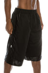 Side View of Heavy Mesh Black Shorts: Ultimate comfort for sports or leisure. Pro 5 100% polyester, drawstring, side & back pockets. Slightly longer length. Sizes S-5X, colors: White, Black, Grey, Navy, Red, Green, Royal.