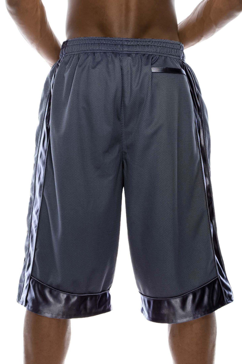 Back View of Heavy Mesh  Dark Grey Shorts: Ultimate comfort for sports or leisure. Pro 5 100% polyester, drawstring, side & back pockets. Slightly longer length. Sizes S-5X, colors: White, Black, Grey, Navy, Red, Green, Royal.