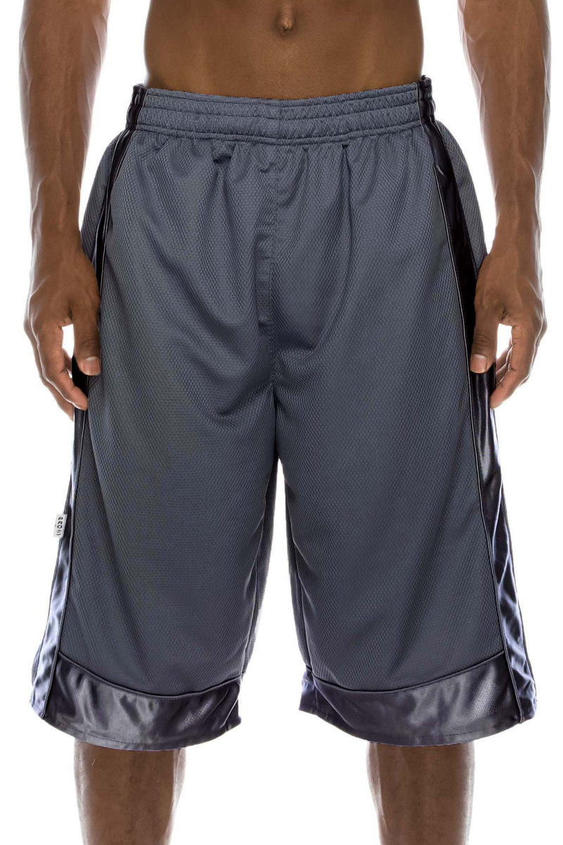 Front View of Heavy Mesh Dark Grey Shorts: Ultimate comfort for sports or leisure. Pro 5 100% polyester, drawstring, side & back pockets. Slightly longer length. Sizes S-5X, colors: White, Black, Grey, Navy, Red, Green, Royal.