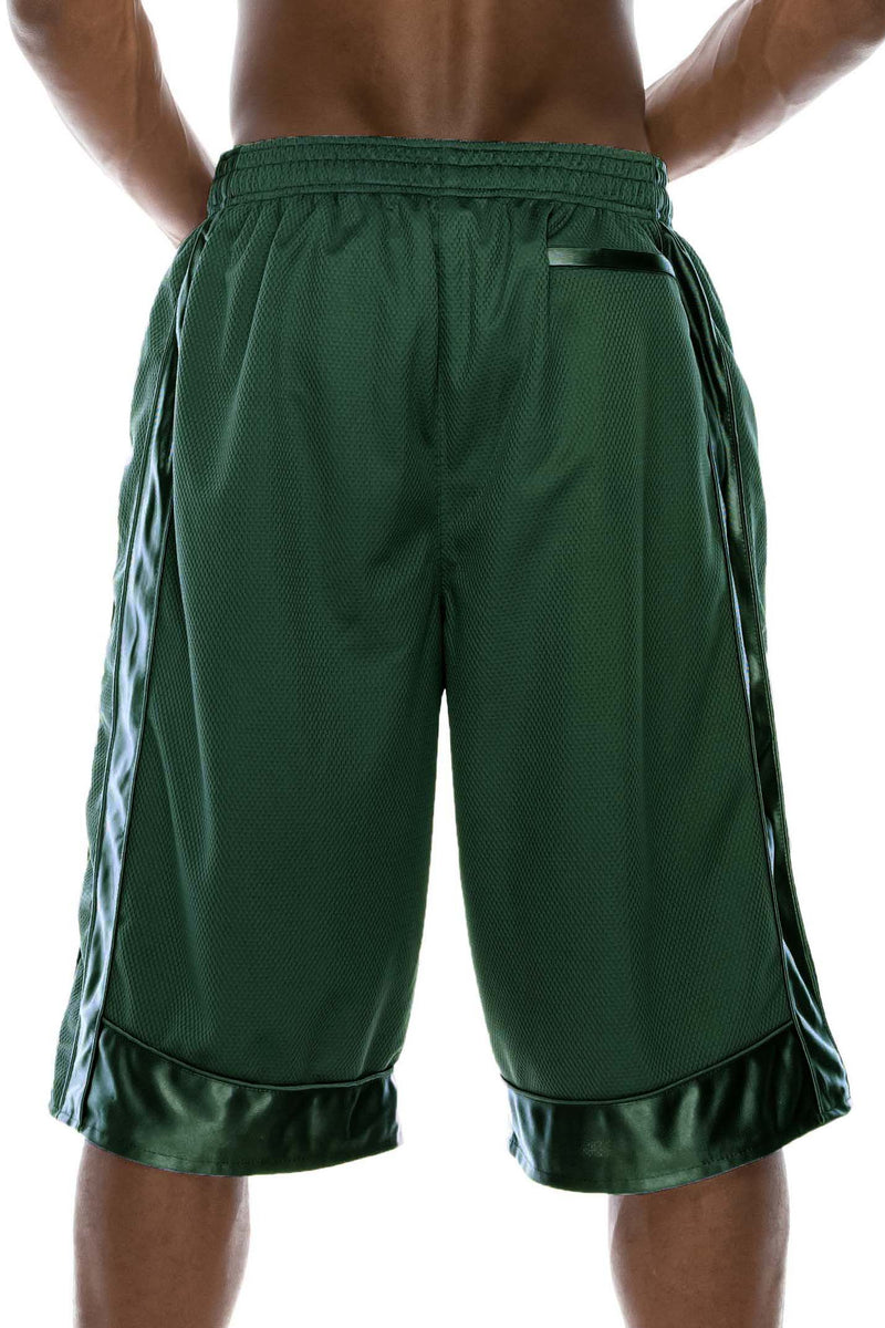 Back view of Heavy Mesh Dark Green Shorts: Ultimate comfort for sports or leisure. Pro 5 100% polyester, drawstring, side & back pockets. Slightly longer length. Sizes S-5X, colors: White, Black, Grey, Navy, Red, Green, Royal.