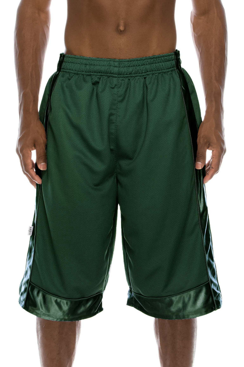 Front view of Heavy Mesh Dark green Shorts: Ultimate comfort for sports or leisure. Pro 5 100% polyester, drawstring, side & back pockets. Slightly longer length. Sizes S-5X, colors: White, Black, Grey, Navy, Red, Green, Royal.