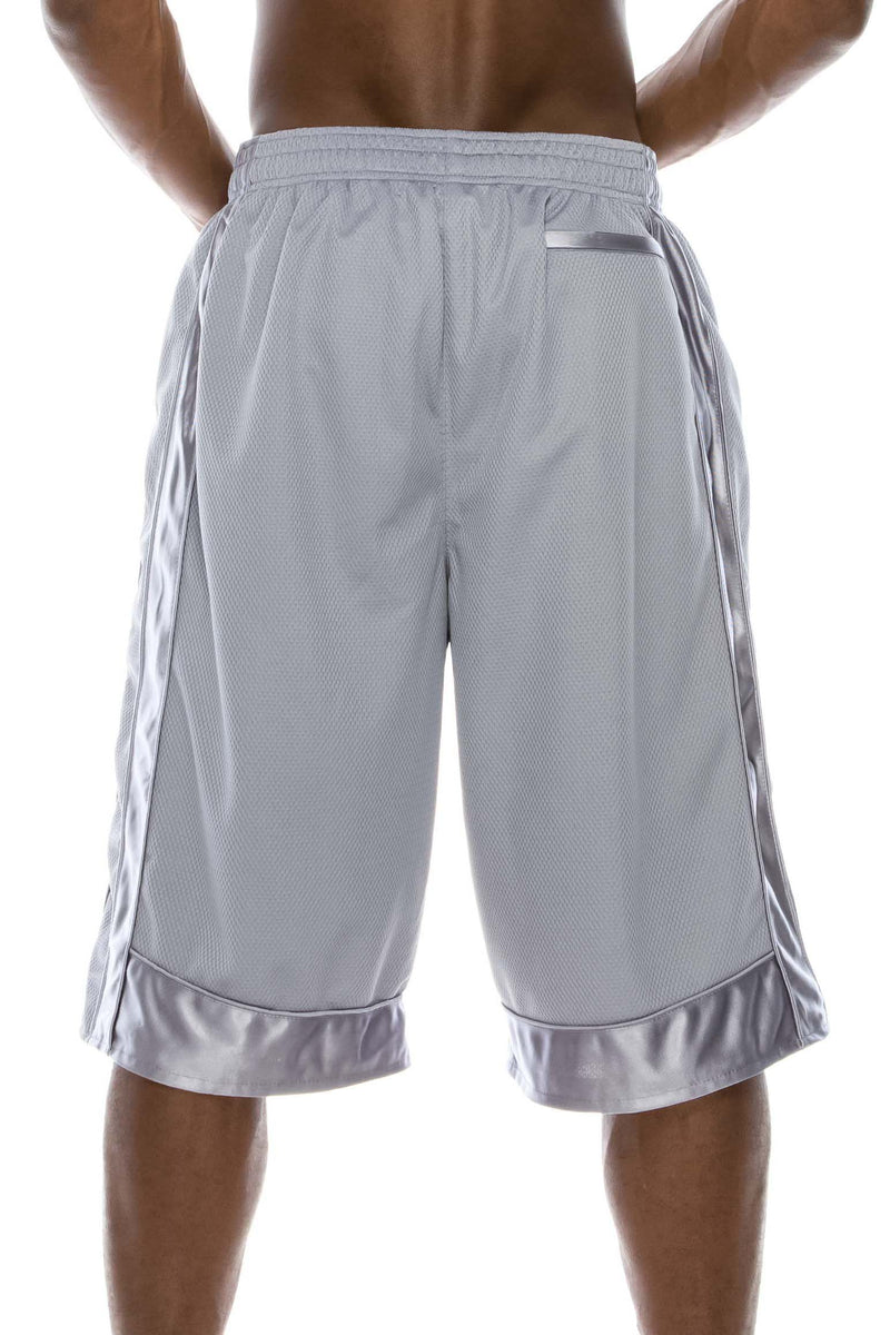 Back View of Heavy Mesh Heather Grey Shorts: Ultimate comfort for sports or leisure. Pro 5 100% polyester, drawstring, side & back pockets. Slightly longer length. Sizes S-5X, colors: White, Black, Grey, Navy, Red, Green, Royal.