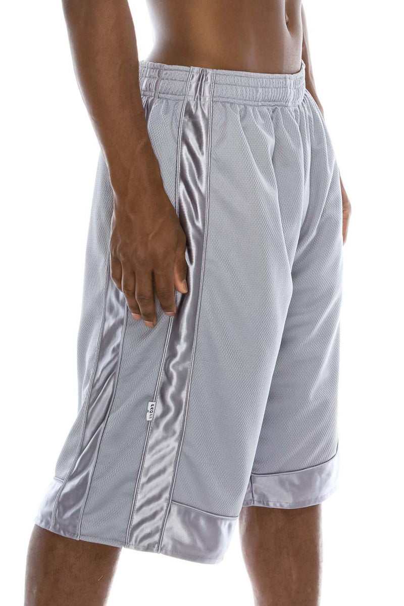 Side View of Heavy Mesh Heather Grey Shorts: Ultimate comfort for sports or leisure. Pro 5 100% polyester, drawstring, side & back pockets. Slightly longer length. Sizes S-5X, colors: White, Black, Grey, Navy, Red, Green, Royal.