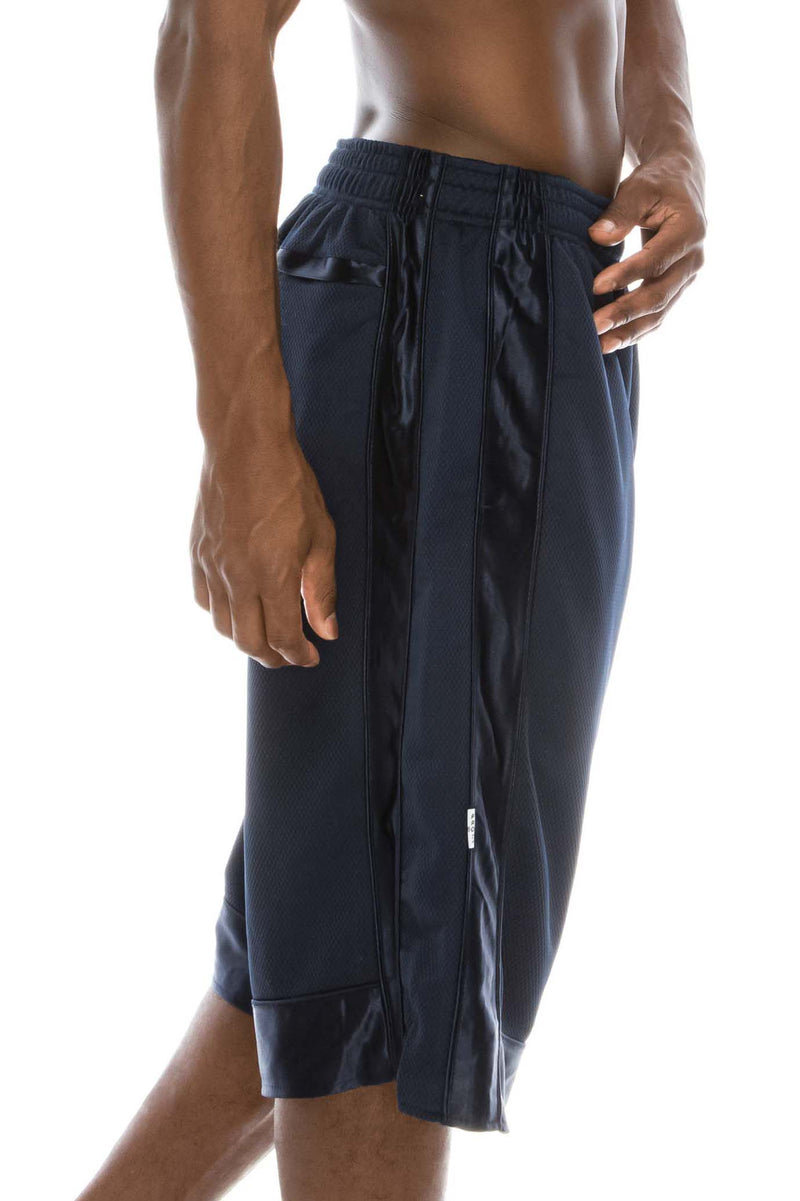 Side view of Heavy Mesh Navy Shorts: Ultimate comfort for sports or leisure. Pro 5 100% polyester, drawstring, side & back pockets. Slightly longer length. Sizes S-5X, colors: White, Black, Grey, Navy, Red, Green, Royal.