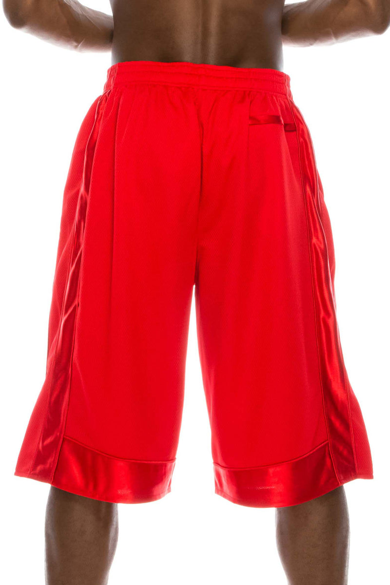 Back View of Heavy Mesh Red Shorts: Ultimate comfort for sports or leisure. Pro 5 100% polyester, drawstring, side & back pockets. Slightly longer length. Sizes S-5X, colors: White, Black, Grey, Navy, Red, Green, Royal.