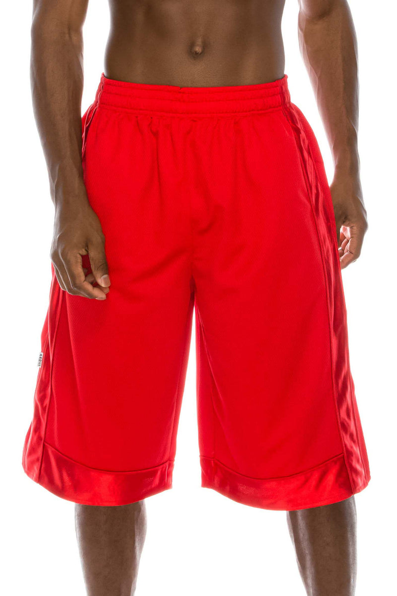 Front view of Heavy Mesh Red Shorts: Ultimate comfort for sports or leisure. Pro 5 100% polyester, drawstring, side & back pockets. Slightly longer length. Sizes S-5X, colors: White, Black, Grey, Navy, Red, Green, Royal.