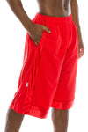 Side View of Heavy Mesh Red Shorts: Ultimate comfort for sports or leisure. Pro 5 100% polyester, drawstring, side & back pockets. Slightly longer length. Sizes S-5X, colors: White, Black, Grey, Navy, Red, Green, Royal.