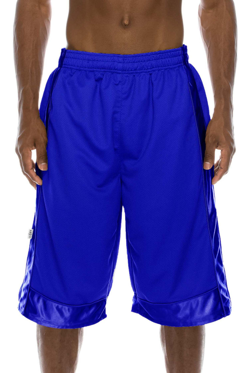 Front View of Heavy Mesh Royal Shorts: Ultimate comfort for sports or leisure. Pro 5 100% polyester, drawstring, side & back pockets. Slightly longer length. Sizes S-5X, colors: White, Black, Grey, Navy, Red, Green, Royal.