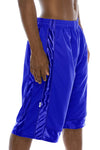 Side View of Heavy Mesh Royal Blue Shorts: Ultimate comfort for sports or leisure. Pro 5 100% polyester, drawstring, side & back pockets. Slightly longer length. Sizes S-5X, colors: White, Black, Grey, Navy, Red, Green, Royal.
