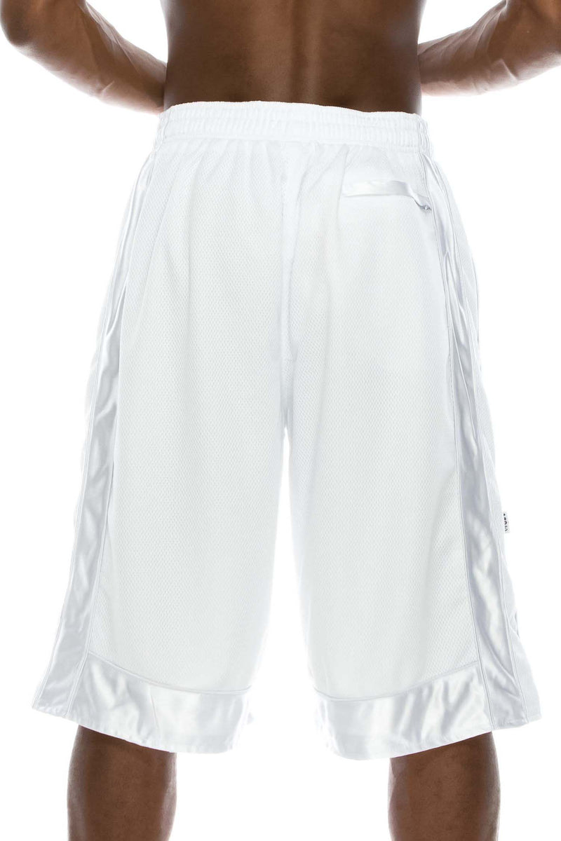 Back view of Heavy Mesh White Shorts: Ultimate comfort for sports or leisure. Pro 5 100% polyester, drawstring, side & back pockets. Slightly longer length. Sizes S-5X, colors: White, Black, Grey, Navy, Red, Green, Royal.