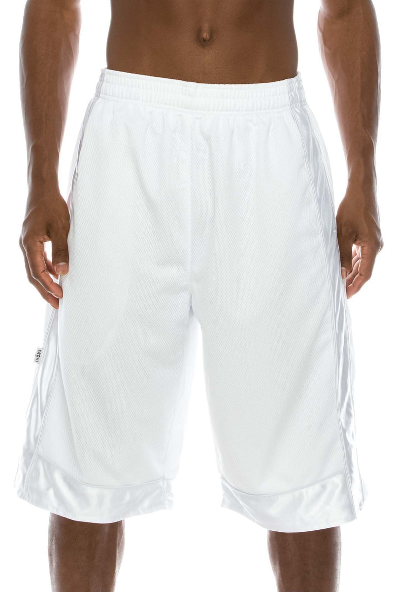 Front View of Heavy Mesh White Shorts: Ultimate comfort for sports or leisure. Pro 5 100% polyester, drawstring, side & back pockets. Slightly longer length. Sizes S-5X, colors: White, Black, Grey, Navy, Red, Green, Royal.