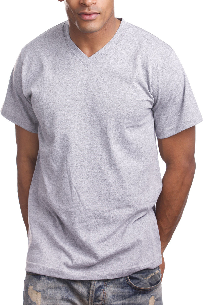 Men's Heather grey V-Neck Tee with taped neck/shoulder seams. Sizes 2XL-5XL. Assorted colors. Material: Solid-100% Cotton, Charcoal/H Grey-80% Cotton Poly