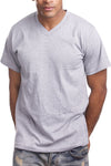 Men's Heather Grey V-Neck Tee with taped neck/shoulder seams. Sizes S-XL. Assorted colors. Material: Solid-100% Cotton, Charcoal/H Grey-80% Cotton Poly