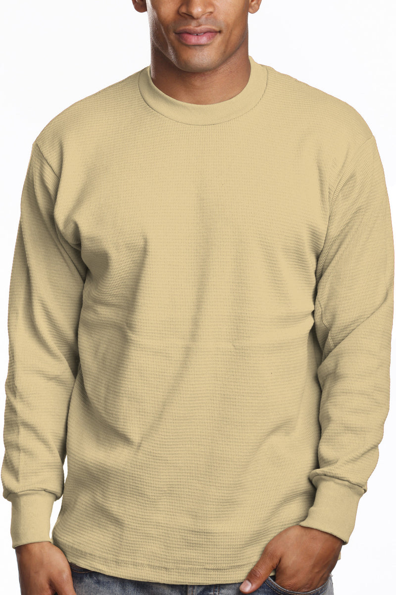 Men's Cozy Khaki Thermal Knit Top waffle knit, sizes S-XL. Variety of colors. Fabric: Solid-100% Cotton, Charcoal & H Grey-80% Cotton 20% Poly. 9.2 oz